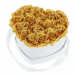 Relaxdays Weiße Rosenbox mit 18 goldenen Rosen