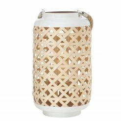 Boltze Windlicht Carole - Bambus / Eisen - Weiß - Höhe: 39 cm