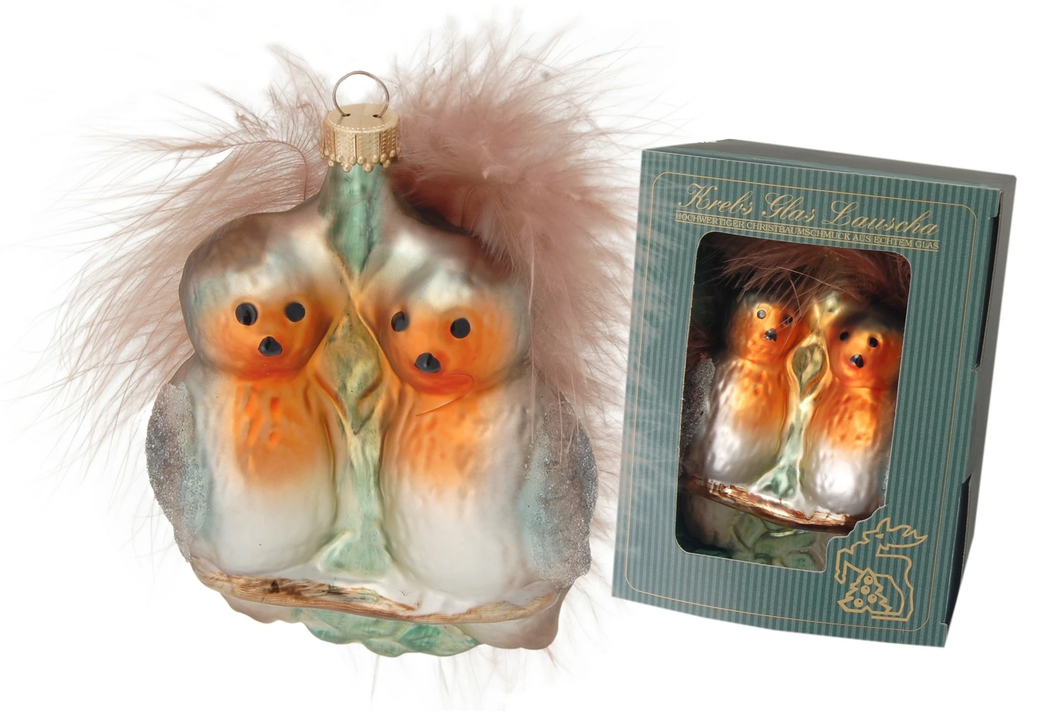 Krebs Glas Lauscha 7cm Vogelpaar Rotkehlchen im Federnest