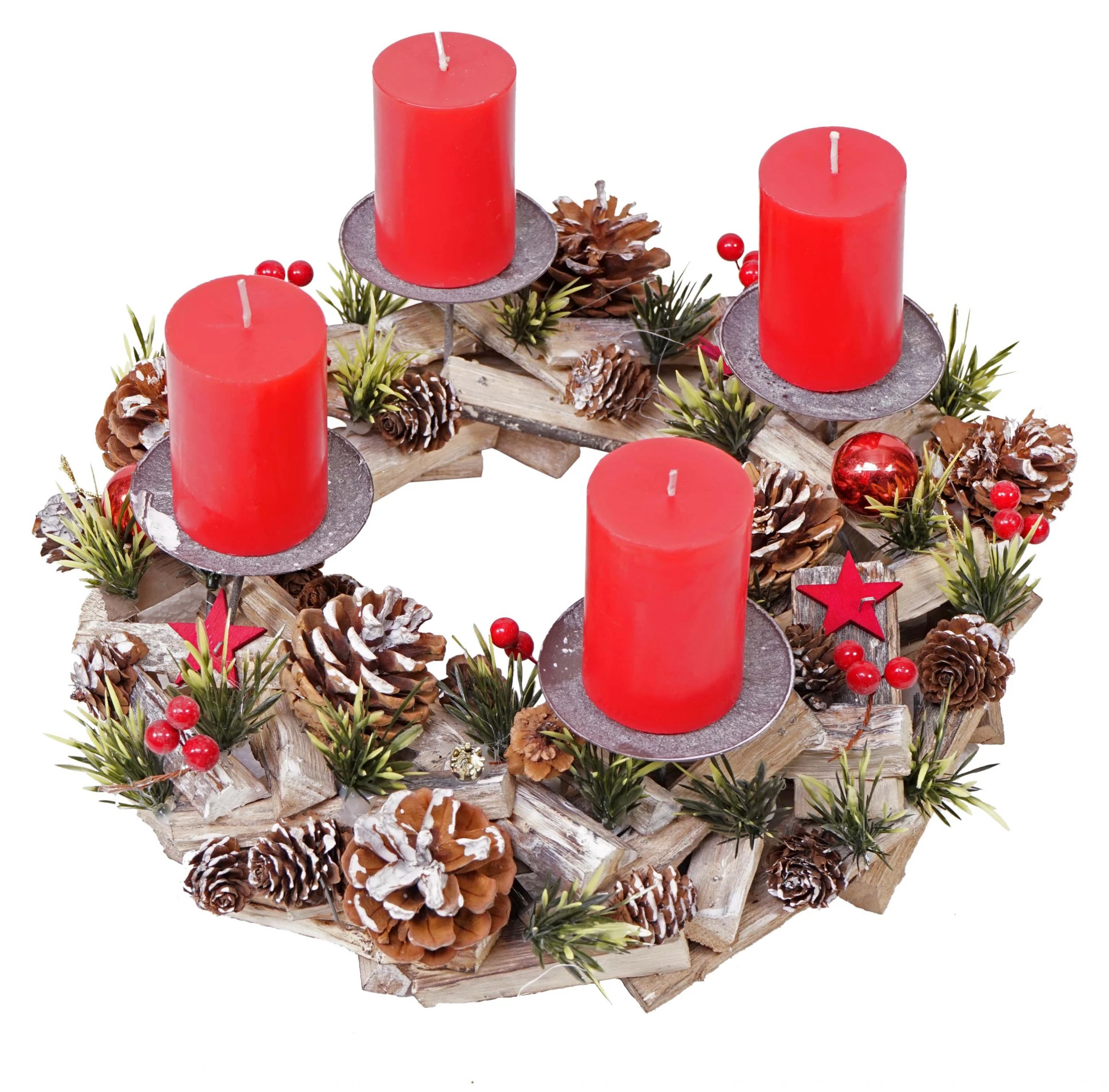 Adventskranz HWC-H50 Holz mit Kerzen rot - Inkl. 4x Kerzen rot