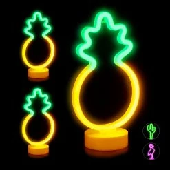 Relaxdays 3 x LED Neonlicht Ananas - Gelb - Grün - 17 x 30 cm