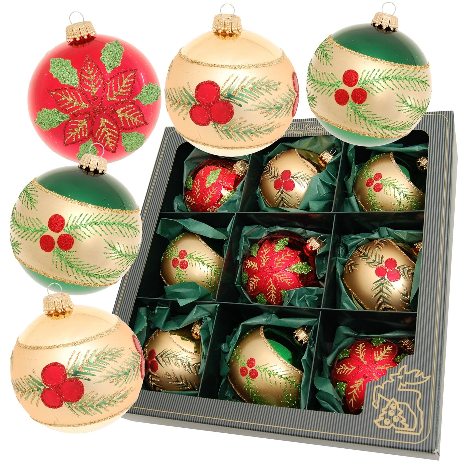 Krebs Glas Lauscha Rot, Gold, Grün 8cm Glaskugeln