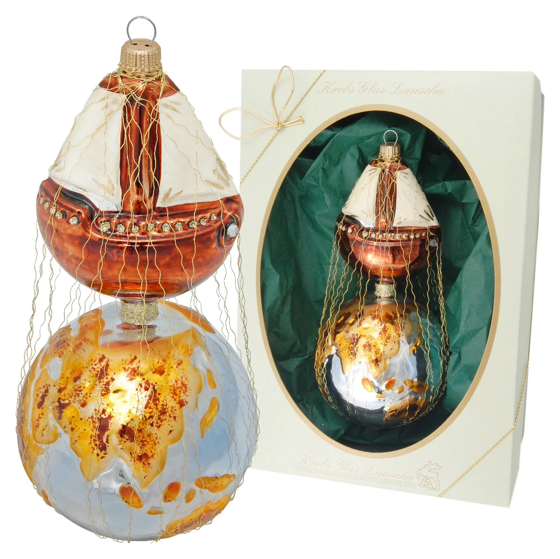 Krebs Glas Lauscha 18cm Doppelform Schiff auf Weltkugel