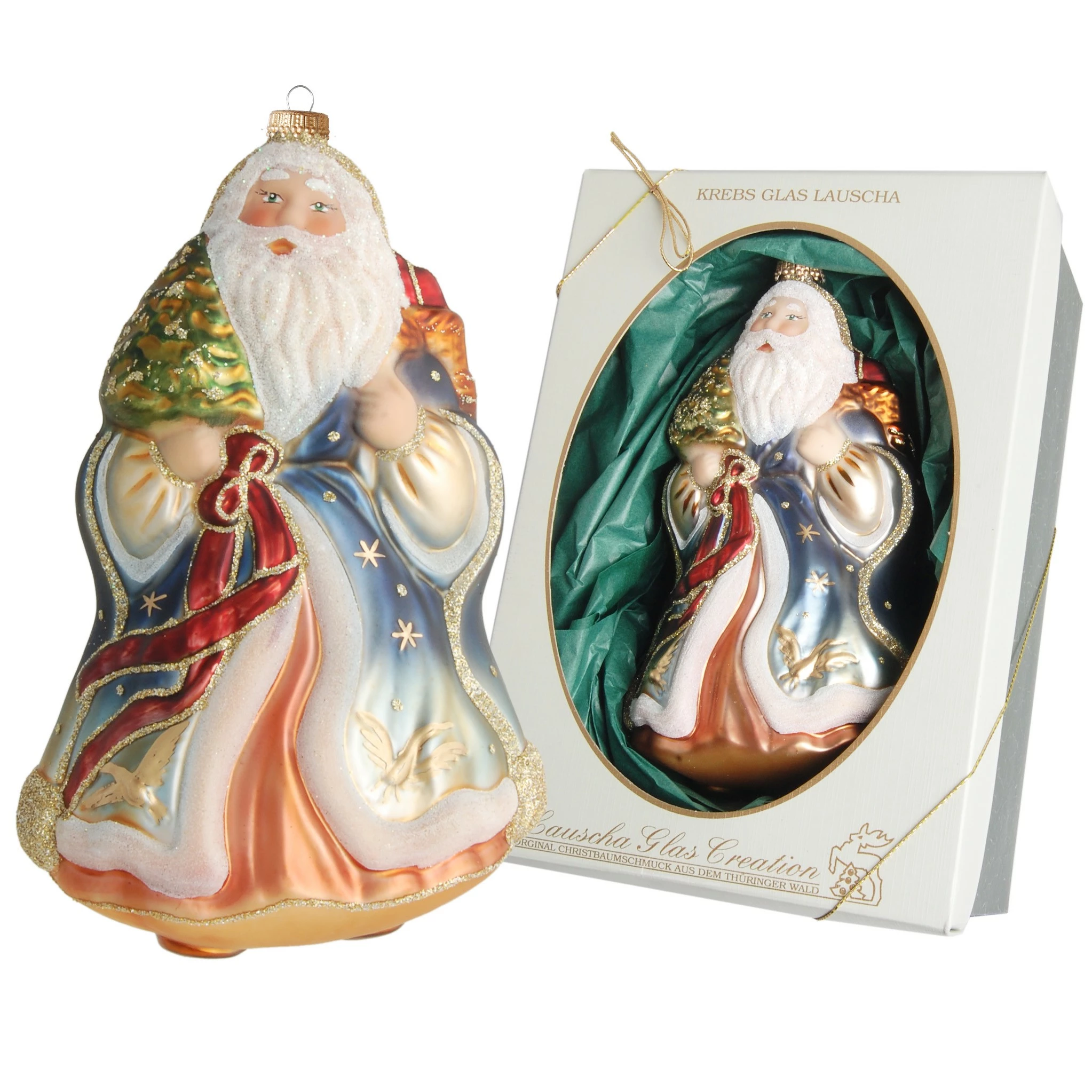 Krebs Glas Lauscha 17cm Weihnachtsmann mit Baum aus Glas