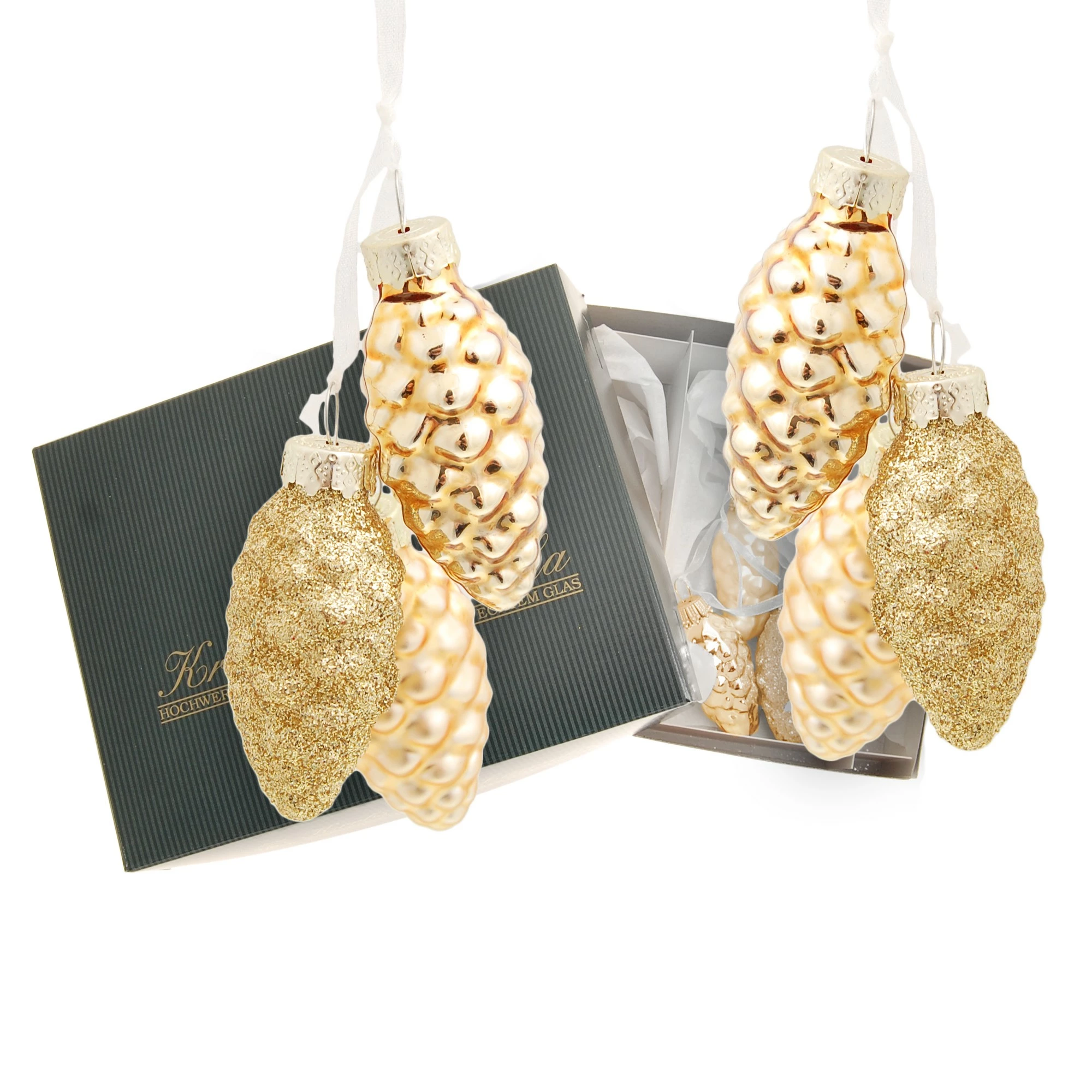 Krebs Glas Lauscha Minitannenzapfen mit Textilband gold – Bild 2