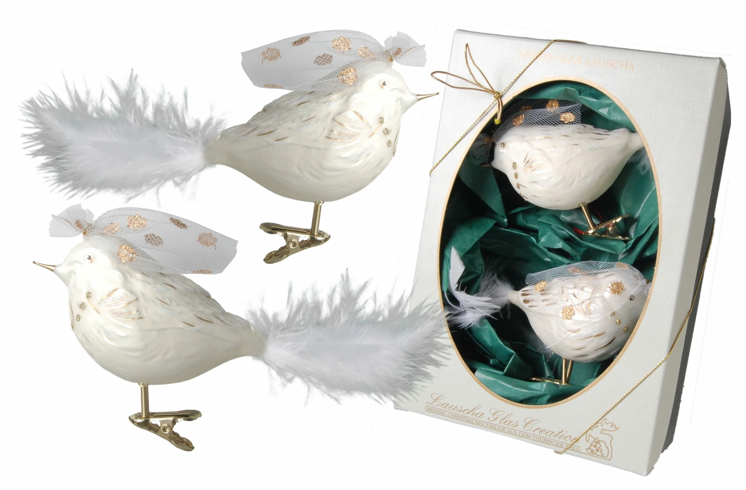 Krebs Glas Lauscha Weiß 13cm Vogelbraut aus Glas auf Clip