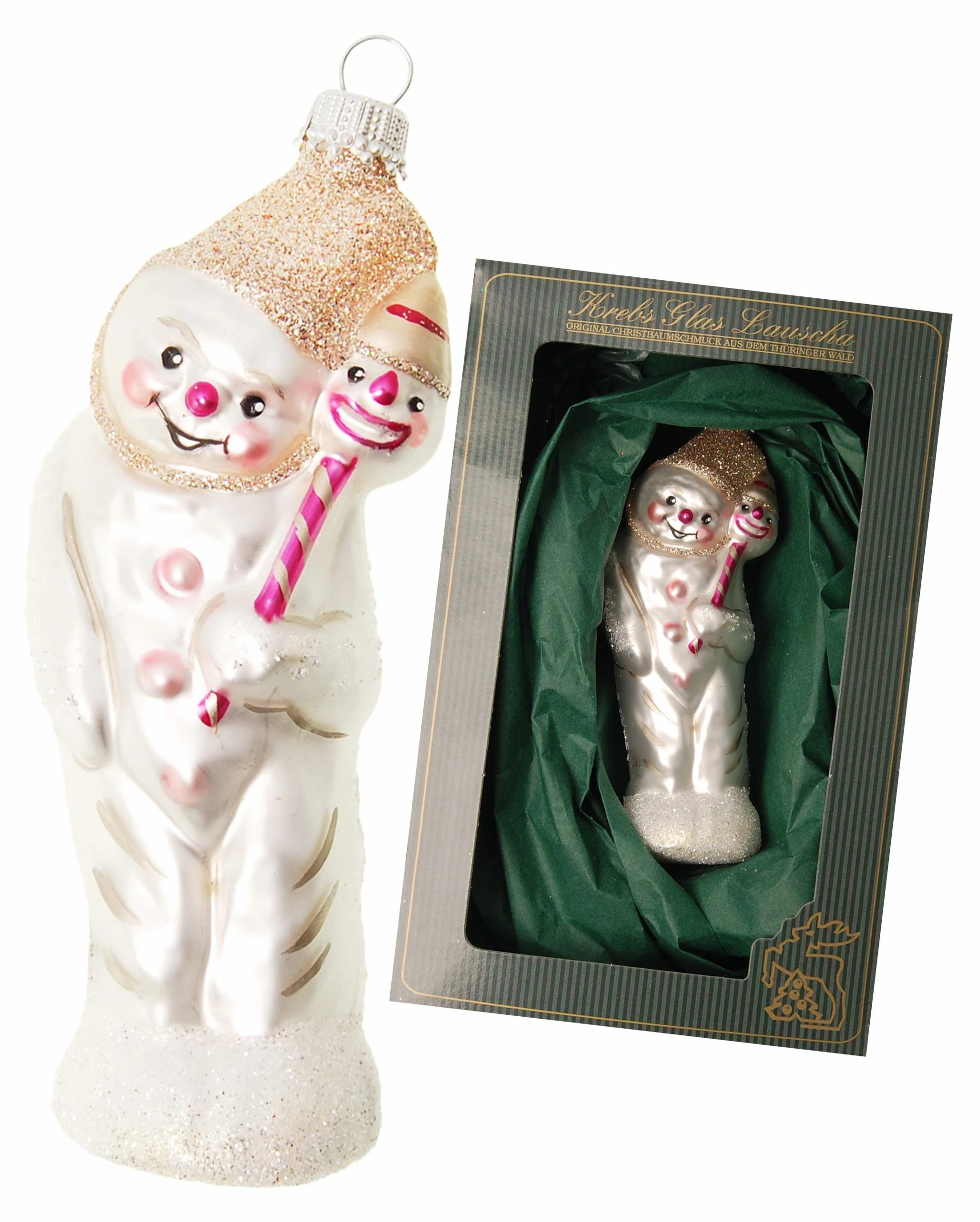 Krebs Glas Lauscha Rosa 11cm Schneemann mit Eimer aus Glas