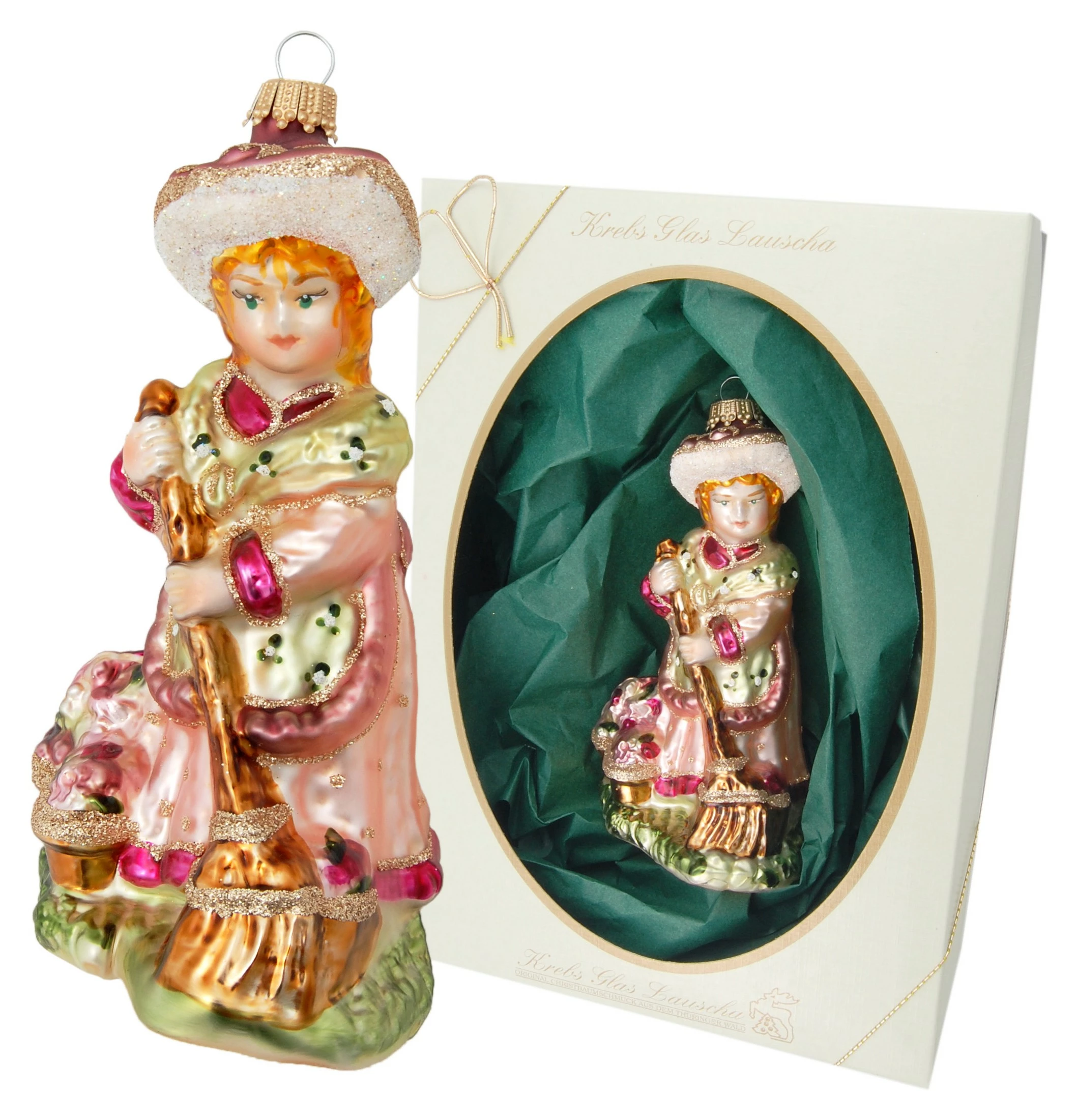 Krebs Glas Lauscha 13cm Biedermeier, Mädchen mit Besen 13cm