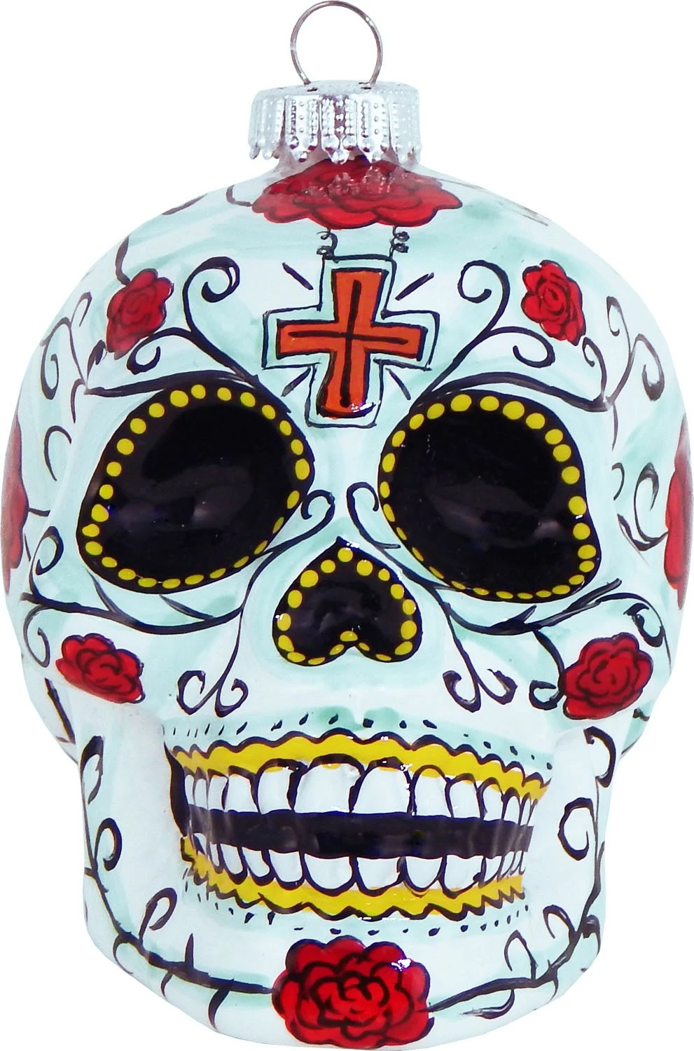 Krebs Glas Lauscha Totenkopfform 10cm mit Rosen aus Glas