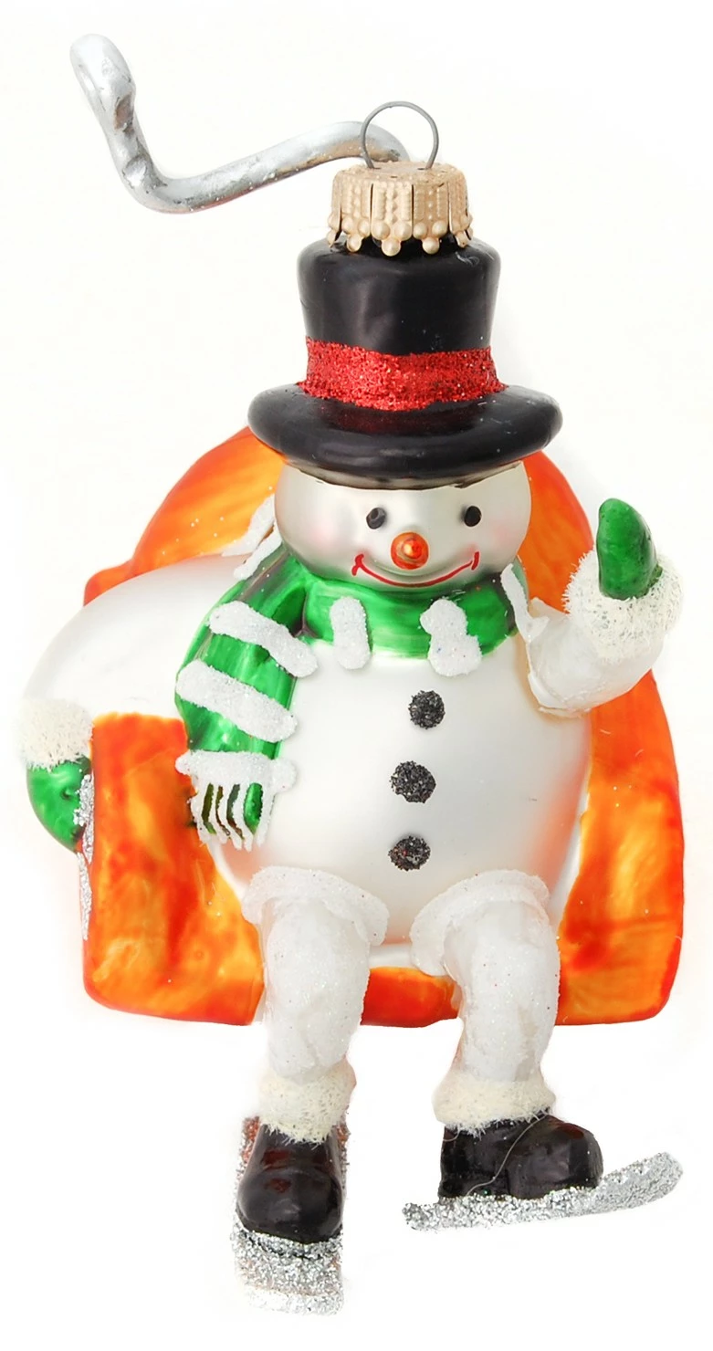 Krebs Glas Lauscha 14cm Schneemann im Sessellift