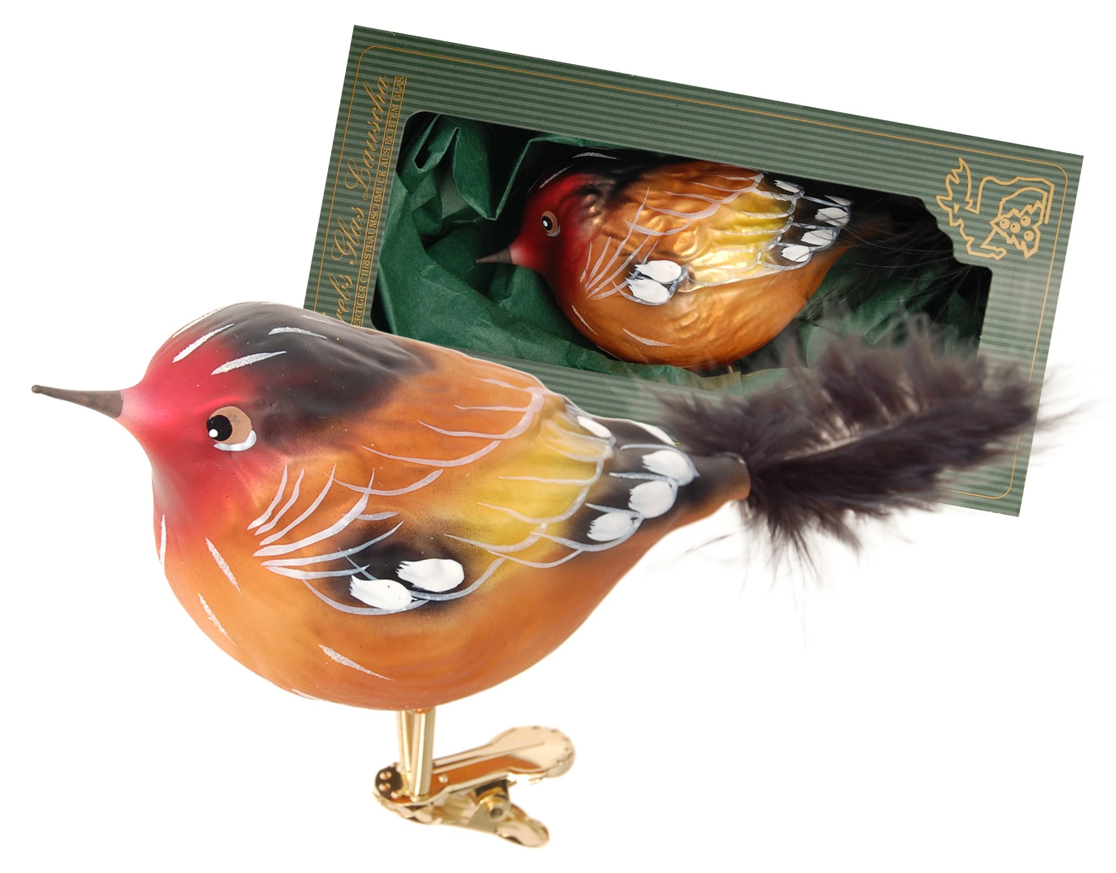 Krebs Glas Lauscha 14cm Glasvogel Stieglitz auf Clip