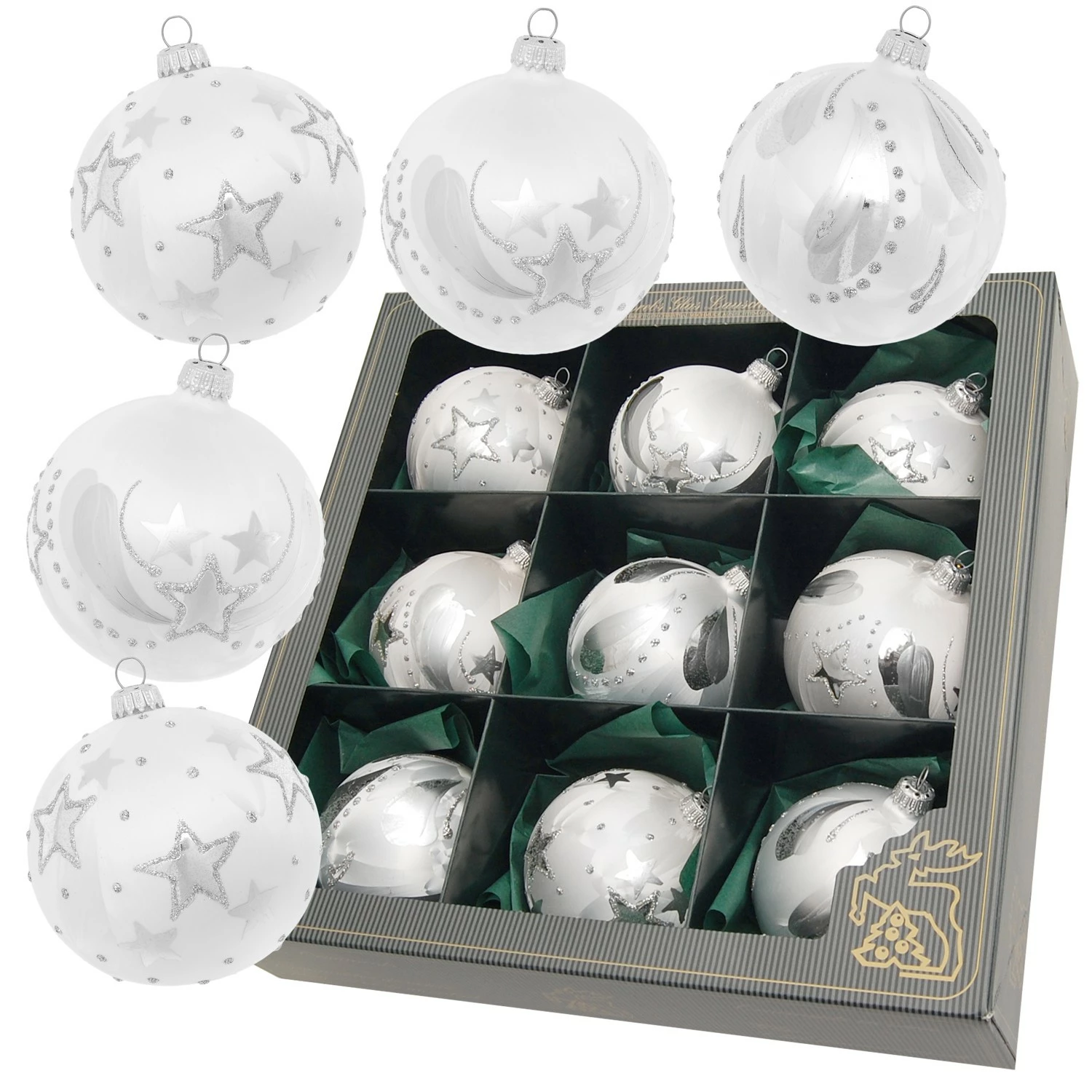 Krebs Glas Lauscha Weiß-Eislack 8cm Glaskugeln drei Dekore