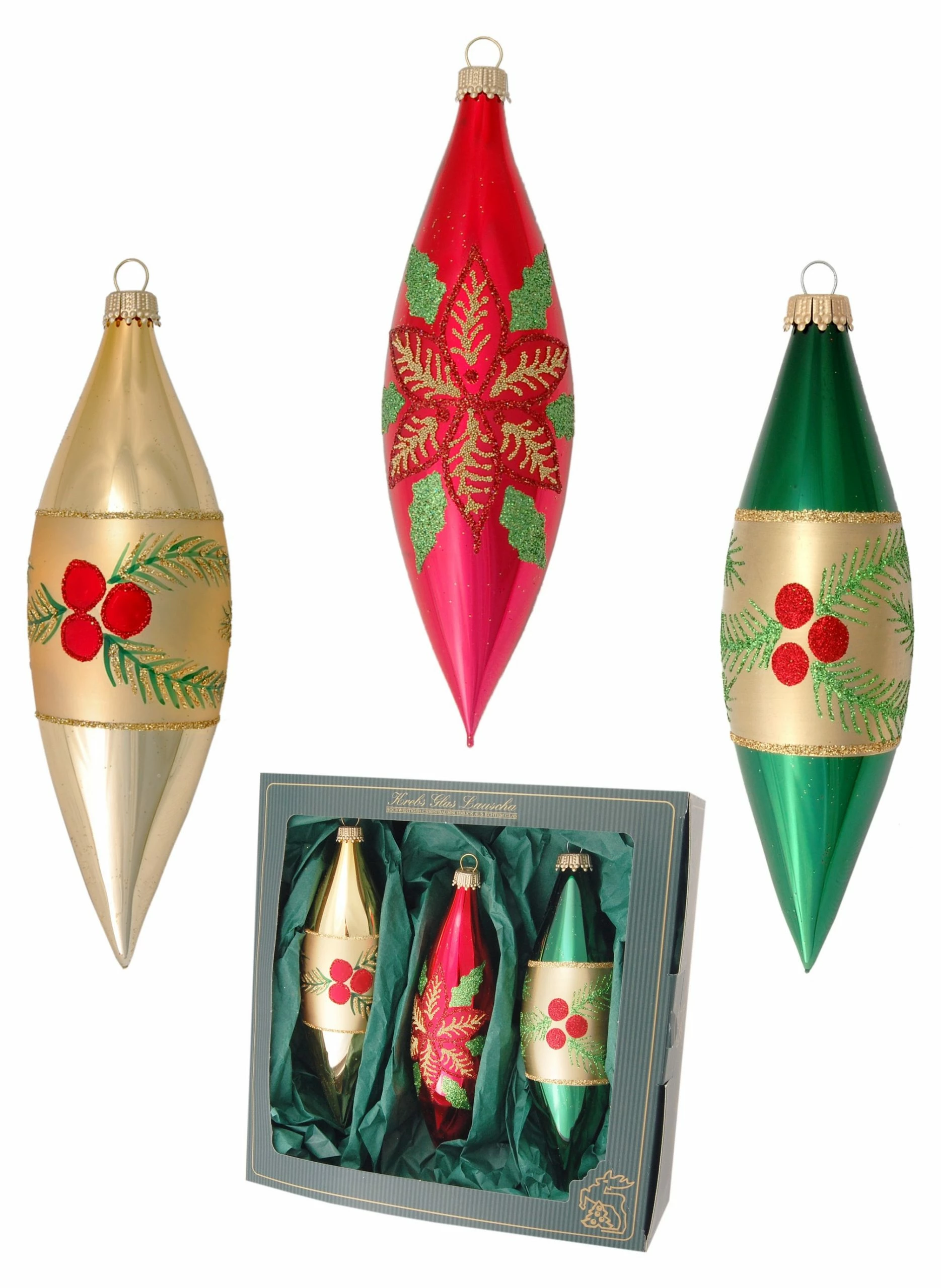 Krebs Glas Lauscha Rot, Gold, Grün 15cm Olivenform aus Glas