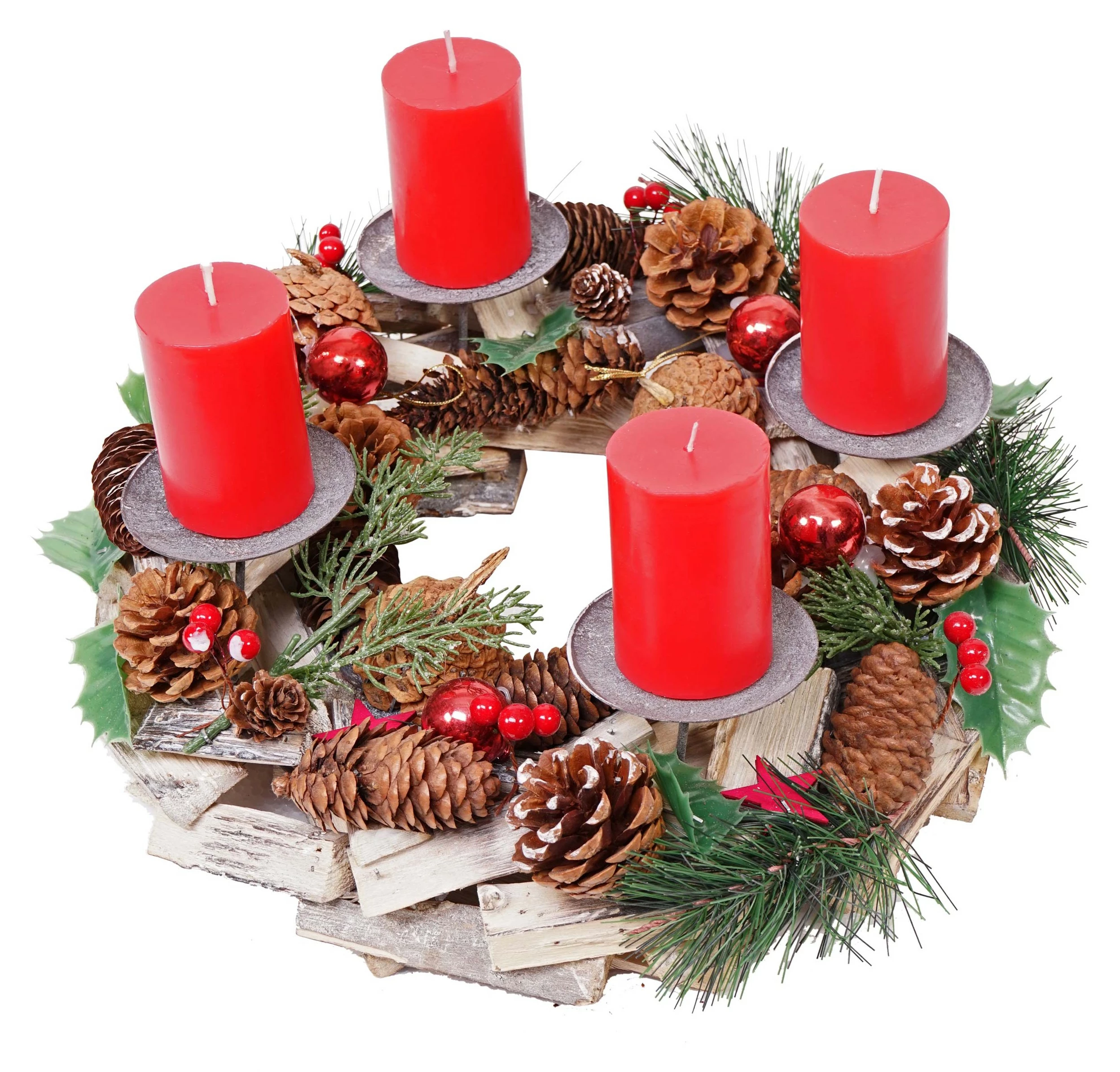 Adventskranz HWC-H49 Holz mit Kerzen rot - Inkl. 4x Kerzen rot