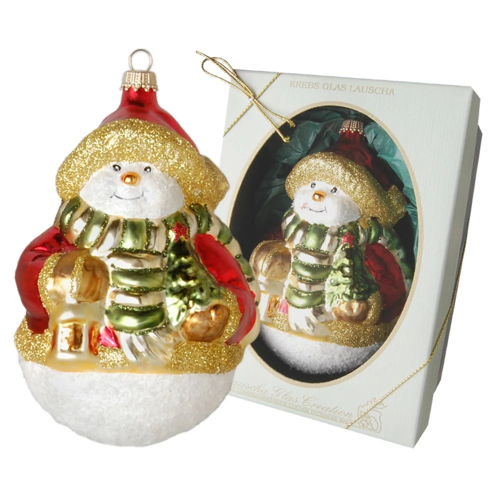 Krebs Glas Lauscha 12cm Schneemann mit Schal und Baum