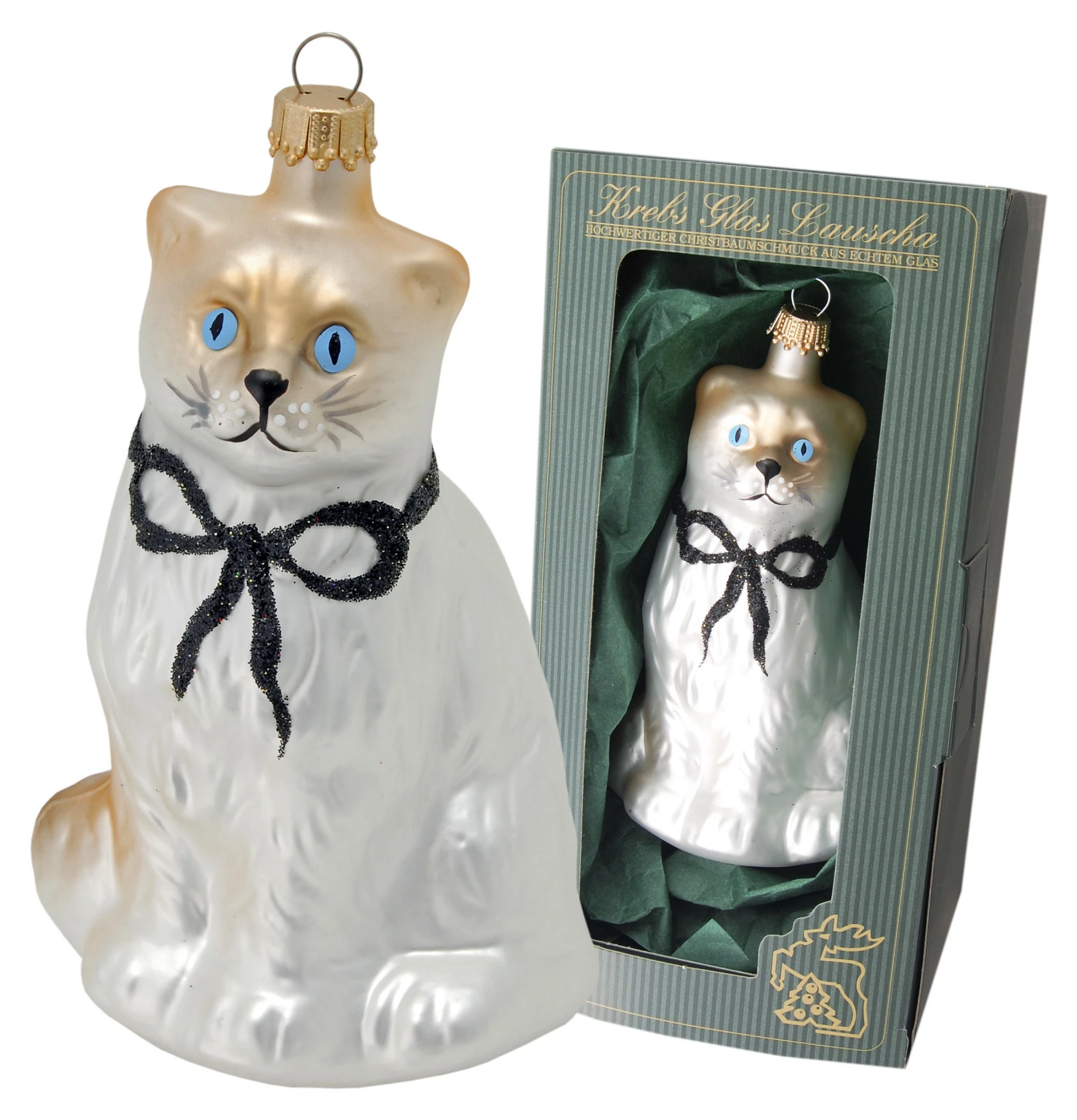 Krebs Glas Lauscha Katze weiß mit Schleife 13cm aus Glas