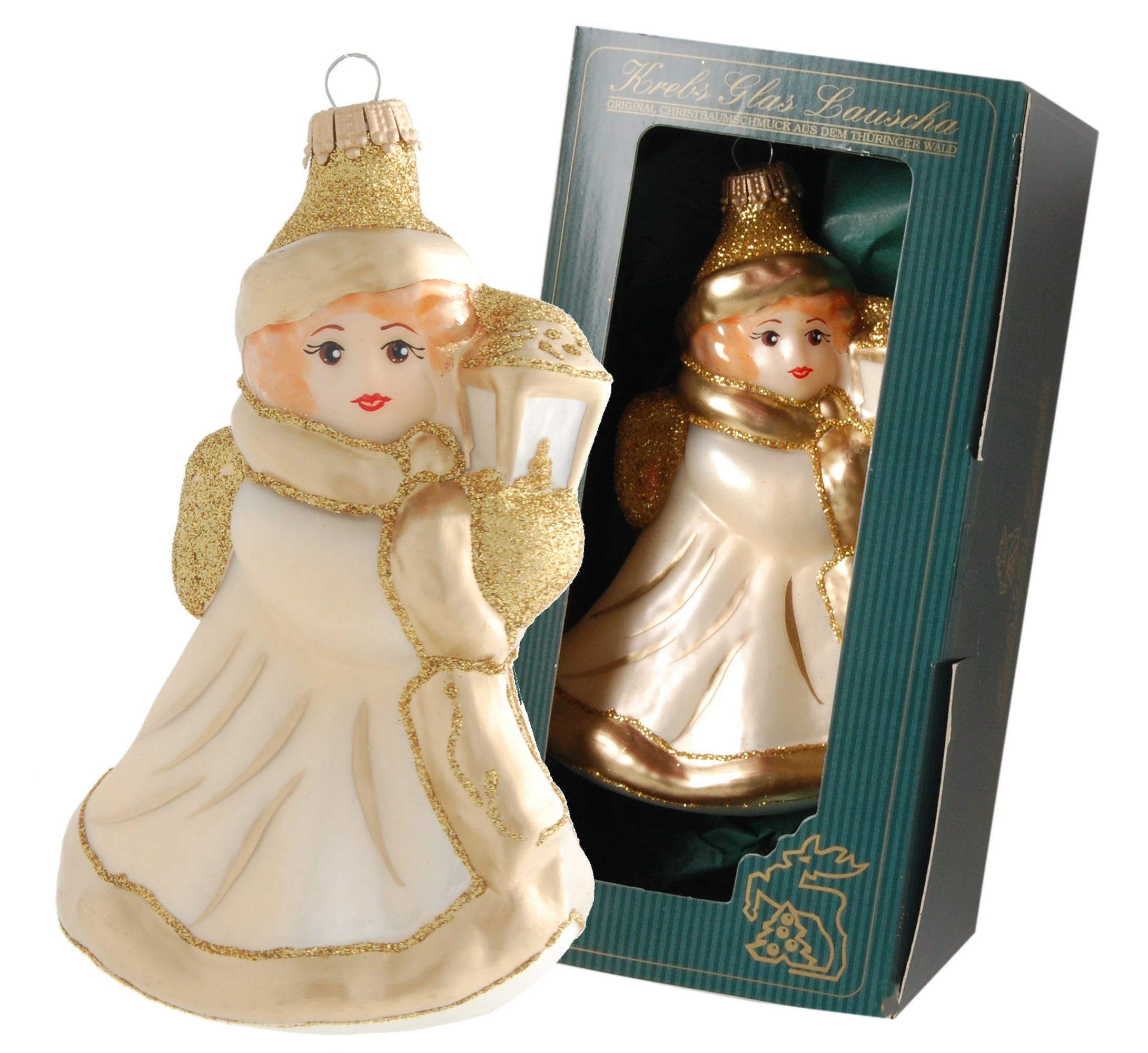 Krebs Glas Lauscha Beige/Gold 13cm Engel mit Laterne