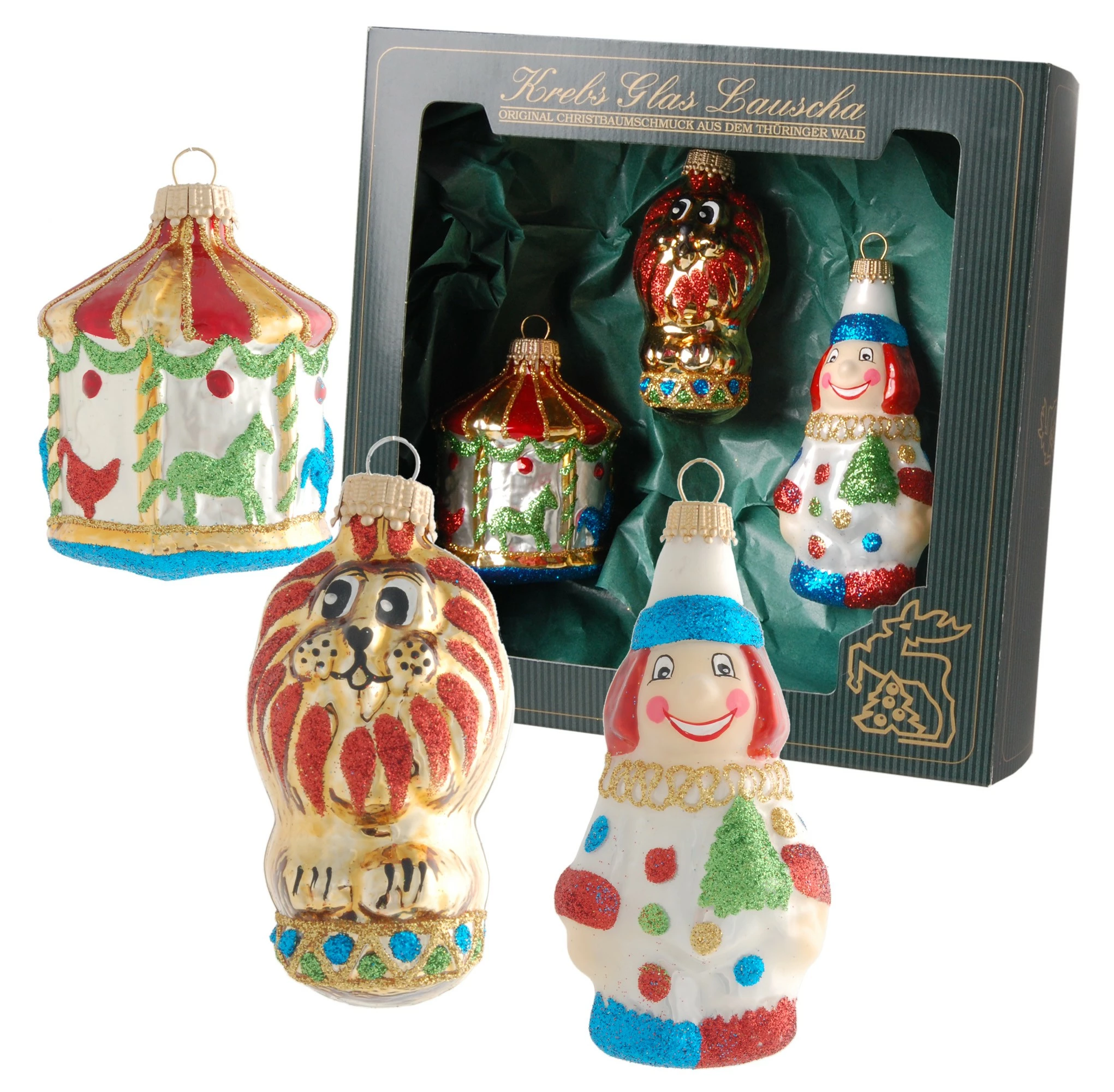 Krebs Glas Lauscha 7-9cm Zirkus Löwe, Clown & Karussell