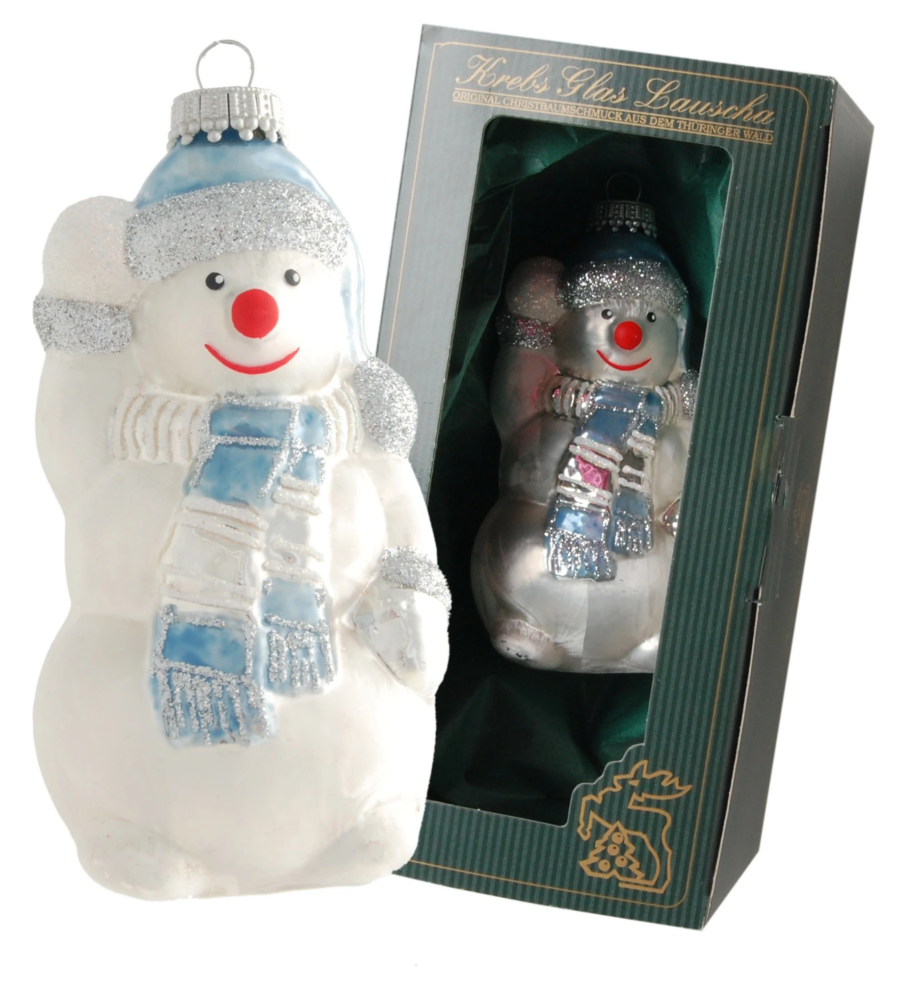 Krebs Glas Lauscha Weiß/Blau 11cm Schneemann, Schal & Mütze