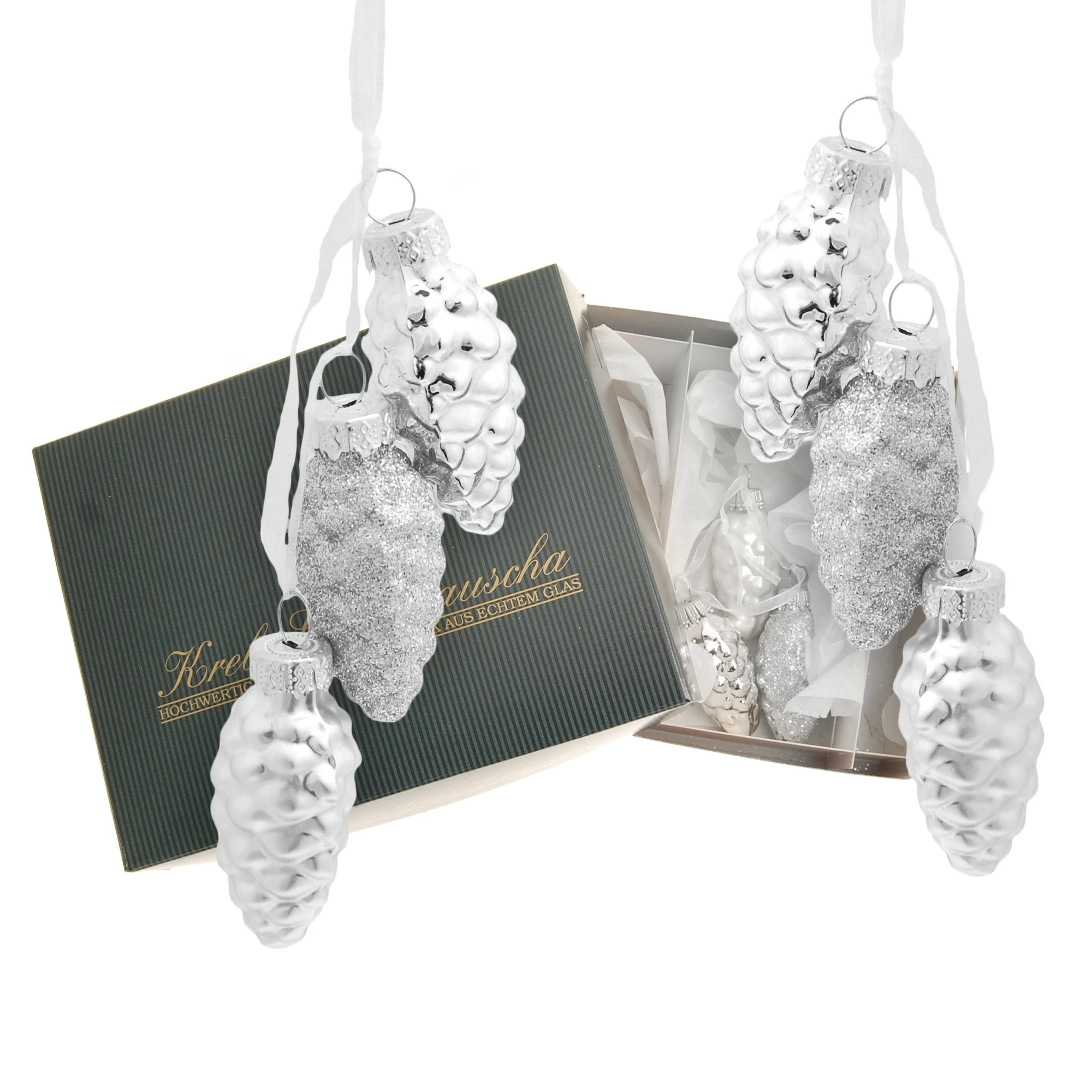 Krebs Glas Lauscha Minitannenzapfen, Textilband silber 6cm – Bild 2